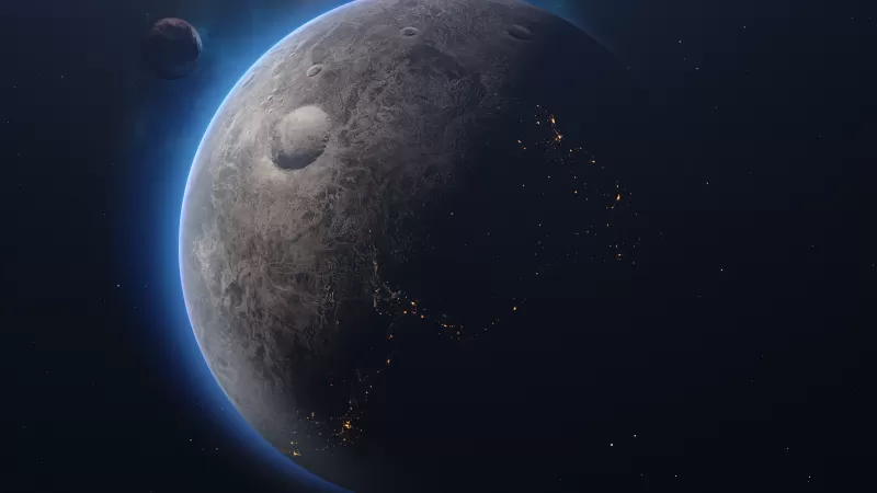 Ceres dwarf planet, City lights, Blue atmosphere, 4K wallpaper