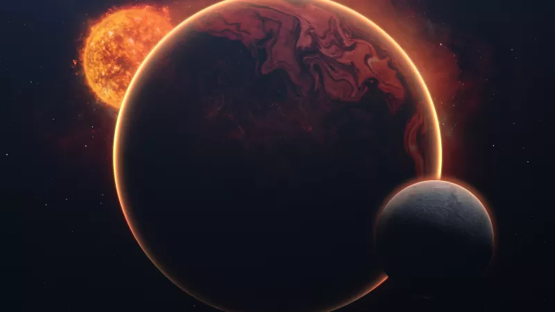 Red planet eclipse, Burning sun, Moon, 4K wallpaper