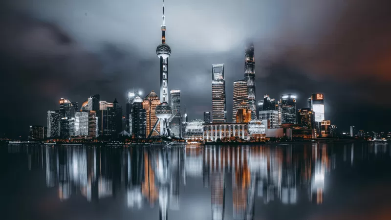 Shanghai City, Cityscape, Reflections, Night City, City lights, Aerial view, Skyscrapers, Dark Sky, 5K, 8K