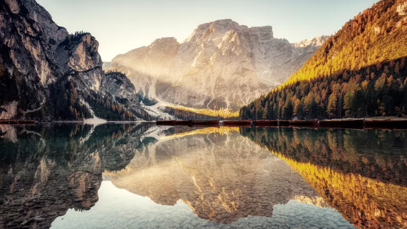 Pragser Wildsee, Lake, Dolomite mountains, Italy, Scenic, Scenery, Reflections, 5K, 8K