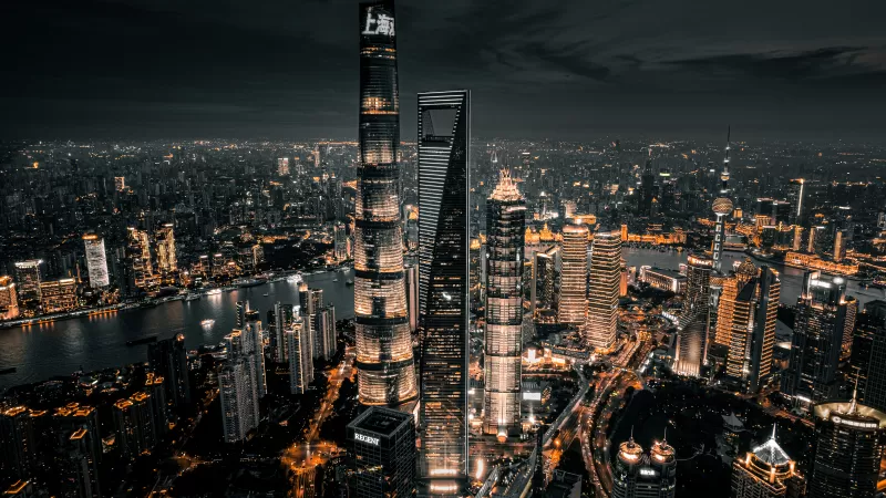 Shanghai City, Cityscape, Night City, City lights, Aerial view, Skyscrapers, Dark Sky, 5K