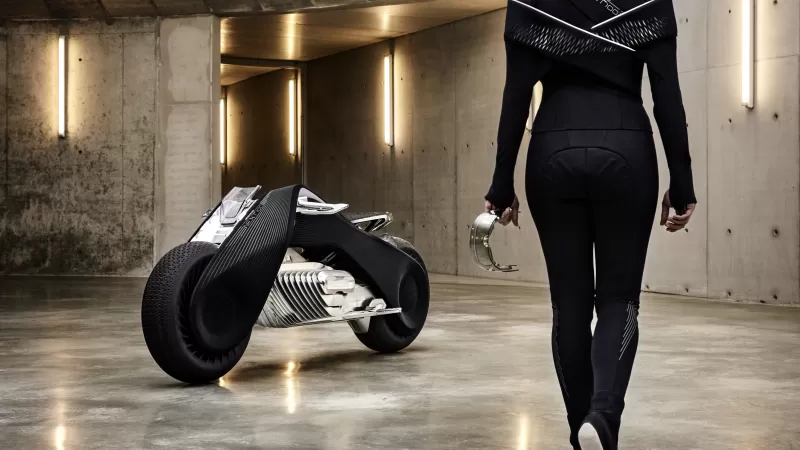 BMW Motorrad Vision Next 100, Futuristic concept bike, Underground garage, 4K wallpaper