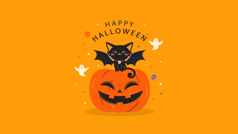 Happy Halloween, Halloween Bats, Halloween Pumpkin, Yellow background, 5K