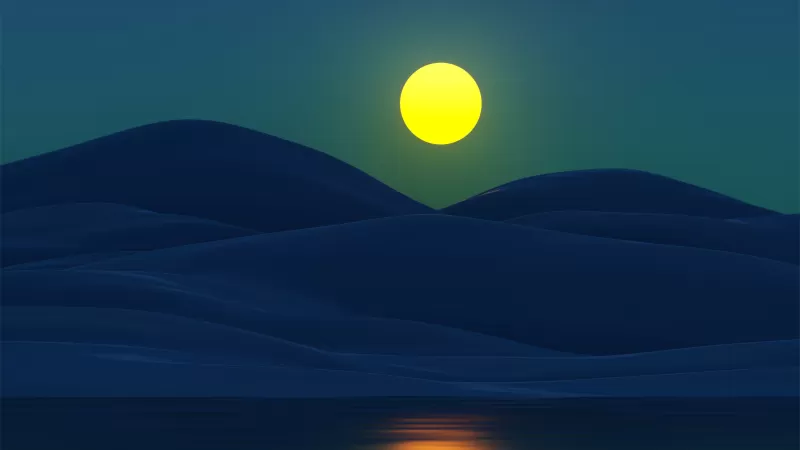 Moon, Night, Mountains, Lake, Reflection, Full moon, Digital Art