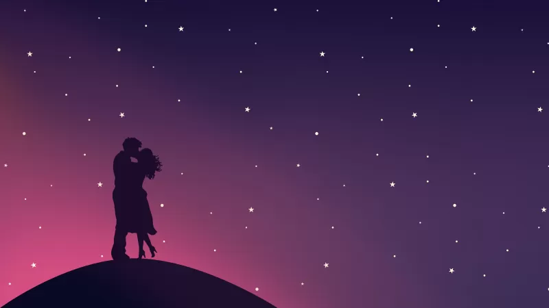 Kissing couple, Silhouette, Starry sky, Romantic, Lovers, Pair, Aesthetic, 5K