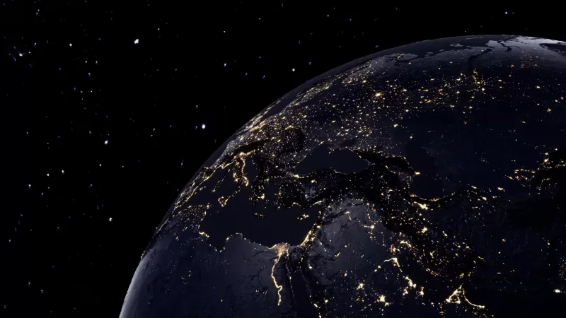 Planet Earth, Night view, Illuminated, Orbit, Dark background, 5K