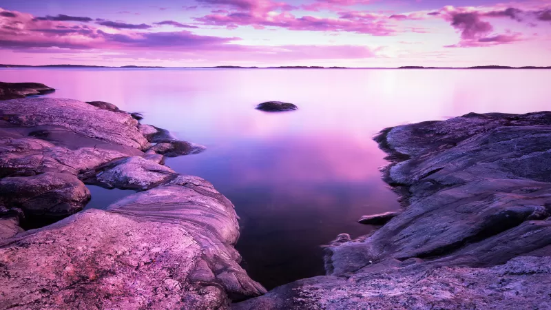 Sunset, Scenery, Rocks, Lake, Purple sky, Pink, 8K