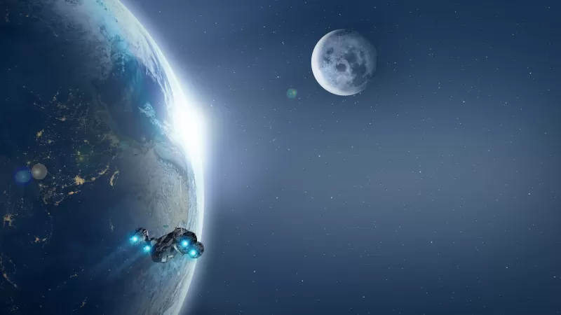 Spaceship wallpaper, Earth and Moon, Outer space