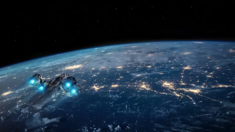 Earth at night wallpaper, Spaceship in orbit, City lights
