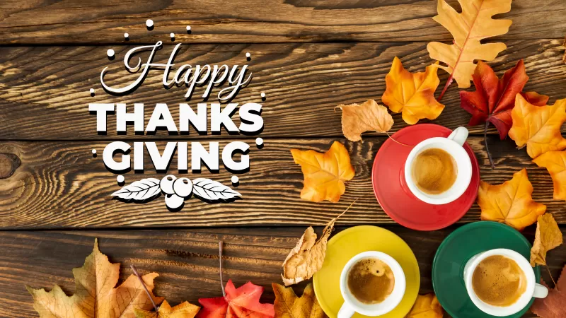 Happy Thanksgiving, Thanksgiving Day, Autumn leaves, Wooden background, Coffee cups, Wooden Floor