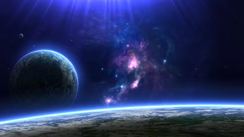 Earth, Horizon, Distant planet, Milky Way, Blue planet, Astronomy, Blue background