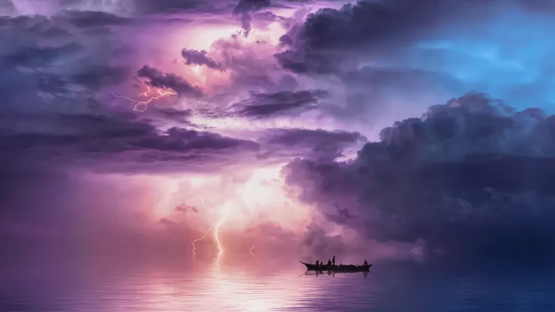 Surreal, Storm, Boat, Clouds, Thunderstorm, Ocean, 5K, 8K