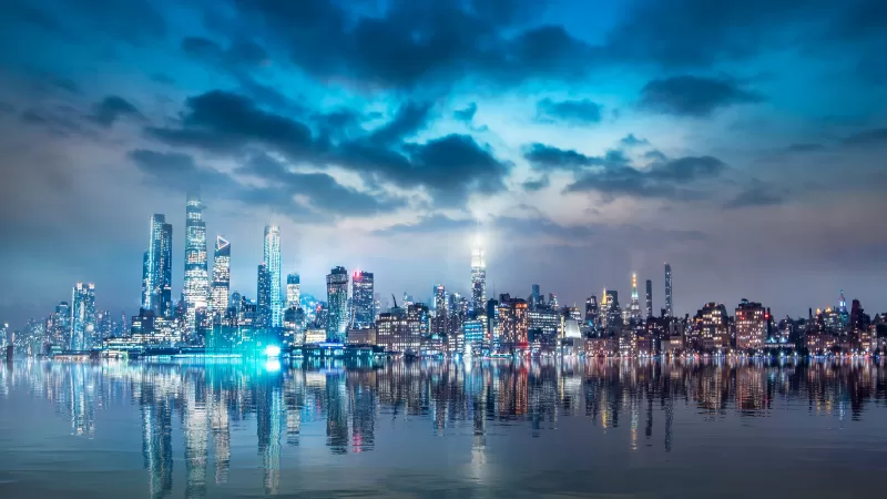 Cityscape, Night City, City lights, Skyline, Clouds, Reflections, 5K, 8K