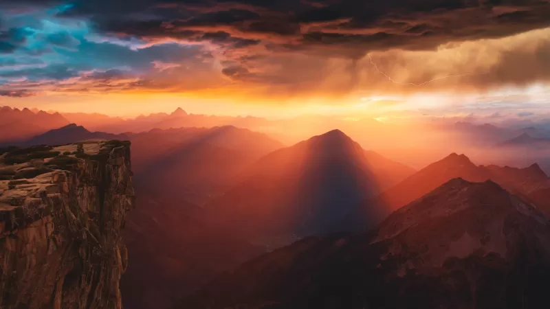 Mountains, Sunset, Storm, Sunlight, Cliff, Viewpoint, 5K, 8K