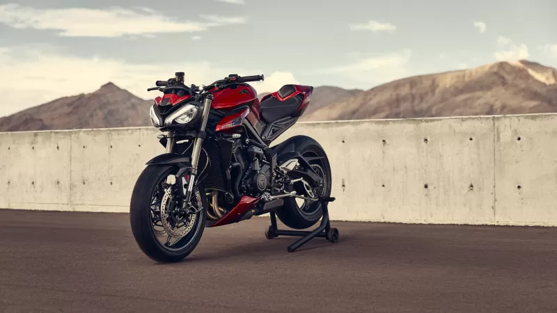 Triumph Street Triple RS, Red naked bike, Desert mountains, 2023, 4K wallpaper