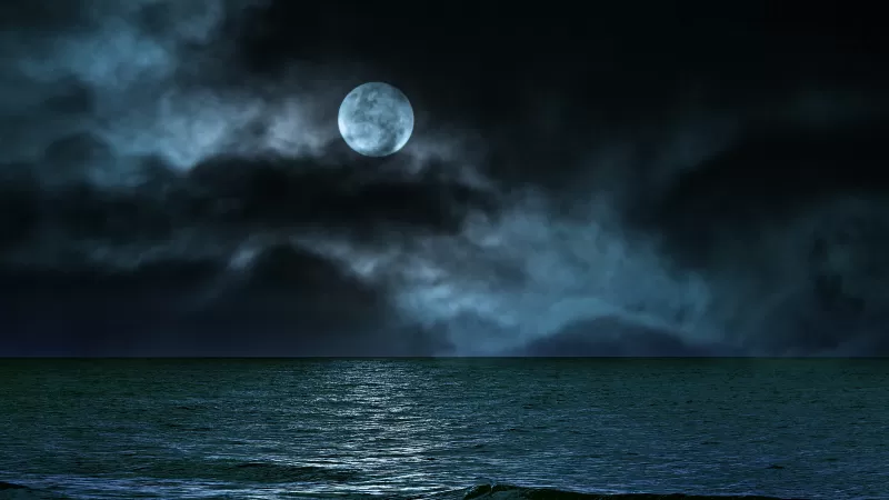 Moon, Night, Clouds, Ocean, Seascape, 5K, 8K