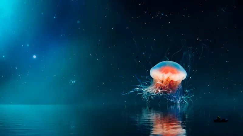 Jellyfish, Tentacles, Surreal, Reflection, Fantasy, Night, 5K, 8K, Aesthetic