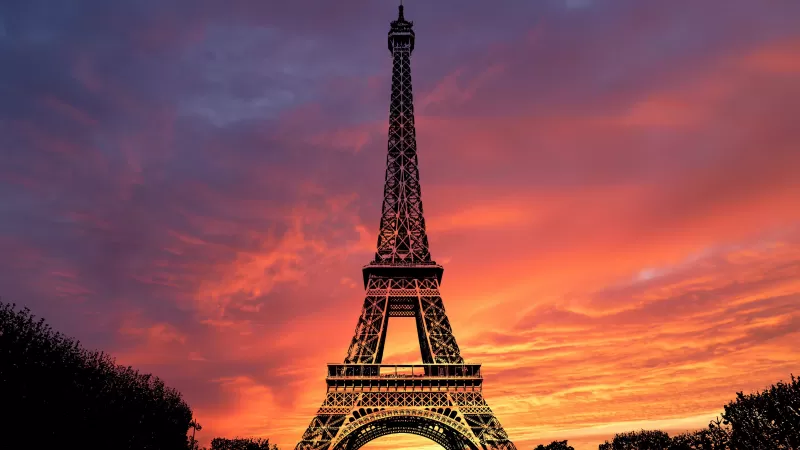 Eiffel Tower, Sunset, Evening sky, Paris, Silhouette, Twilight, Orange sky,France
