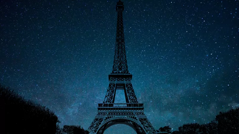 Eiffel Tower, Night, Paris, Silhouette, Starry sky, Blue Sky, 5K,France