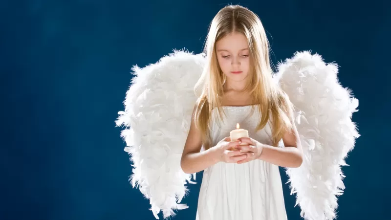 Angel wings, Sad girl, Fairy, Holding candle, Sad mood, Blue background