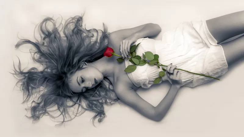 Sad girl, Lying down, Red Rose, Sad mood, Monochrome, 5K