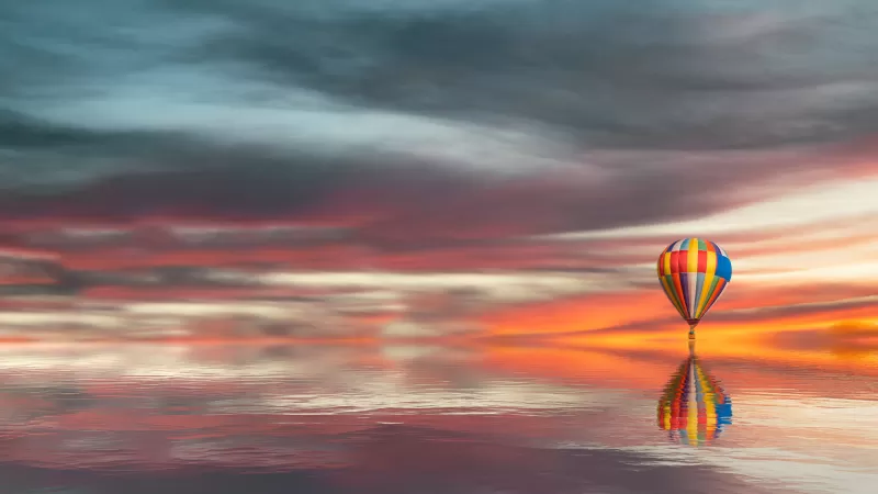 Hot air balloon Reflection, 5K wallpaper, Cloudy, Sunset, Lake, Scenic