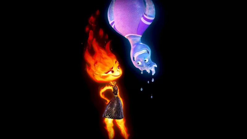 Elemental, Pixar movies, 2023 Movies, Ember Lumen, Wade Ripple, Animation movies, 5K, 8K, Black background, AMOLED