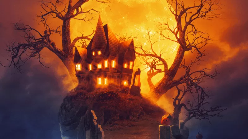 Scary house, Halloween house, Spooky, Horror, Halloween night, Moon, Death Island, Halloween pumpkins