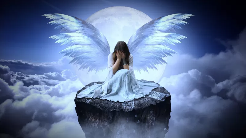 Sad girl, Fairy, Angel wings, Eyes closed, Moon, Clouds, Surreal, Above clouds, Sad woman