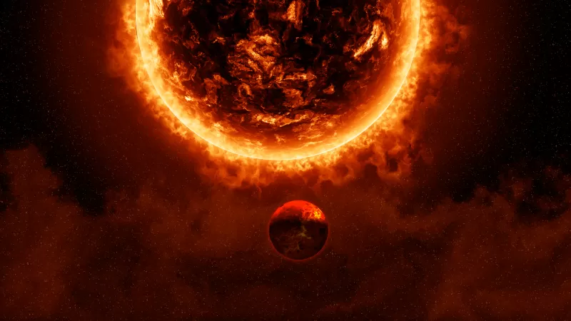 Sun and planet wallpaper, Solar flare, Fiery space