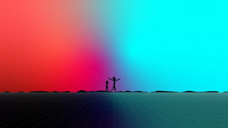 Rick and Morty, Rick Sanchez, Morty Smith, 8K, 5K, Gradient background, Silhouette, Colorful background
