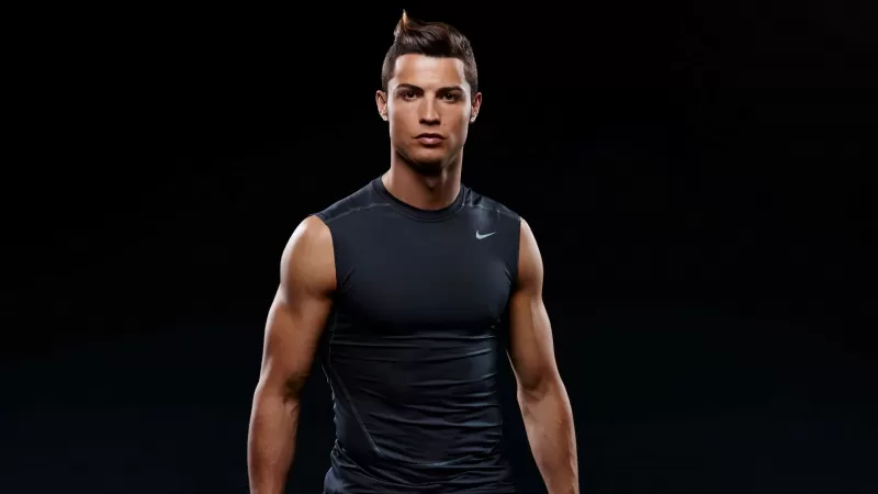 Cristiano Ronaldo, Portuguese footballer, Portugal football player, Black background, AMOLED, 5K, 8K