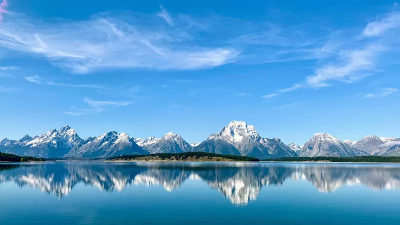 Grand Teton National Park, Mountains, Lake, Clear sky, Sky blue, Reflections, Wyoming