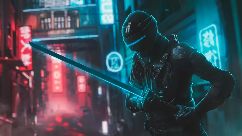 Snake Eyes, Katana, Ninja wallpaper, G.I. Joe, Neon city, Cyberpunk