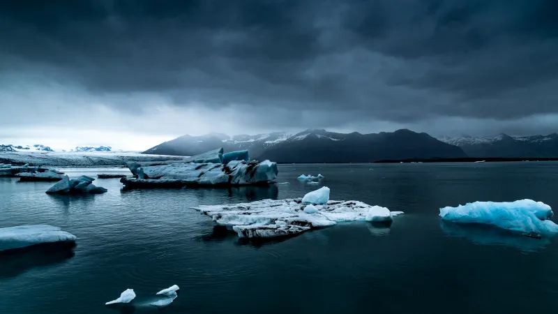 Glacial lake, Frozen lake, Winter, Cloudy Sky, Cold, Mountains, Iceland