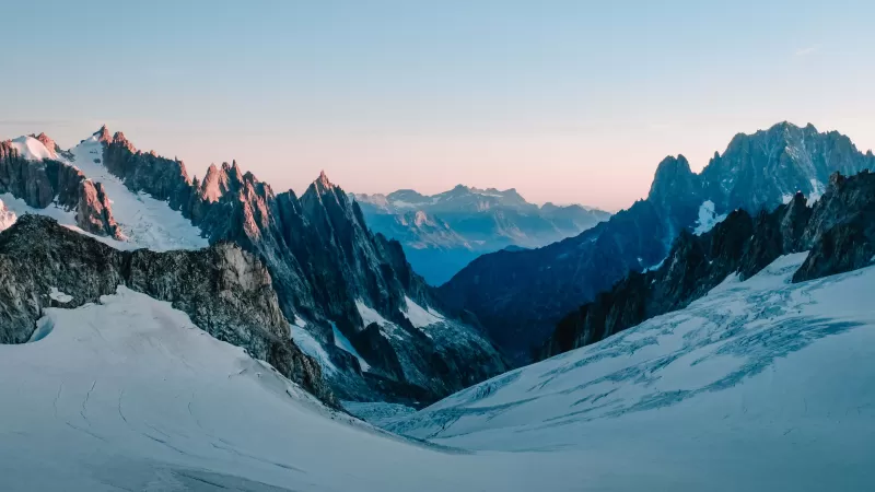 Snowcapped mountains, Landscape, Dawn, 5K wallpaper