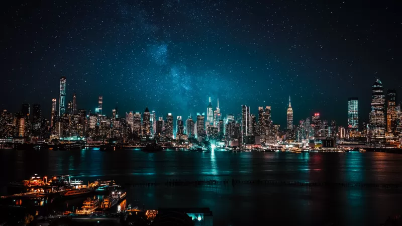 New York skyline, Starry night, City lights, 5K wallpaper