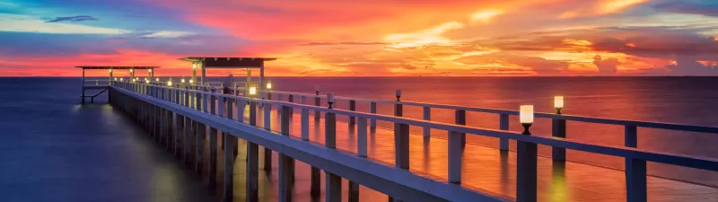 Wooden pier, Bridge, Sunset, Horizon, Resort, Dawn, Vacation, Sea, Holidays, Phuket, Thailand, Aesthetic, 5K