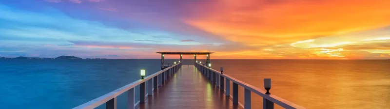 Wooden pier, Sunset, Horizon, Resort, Dawn, Dusk, Vacation, Holidays, Phuket, Thailand, Aesthetic, 5K