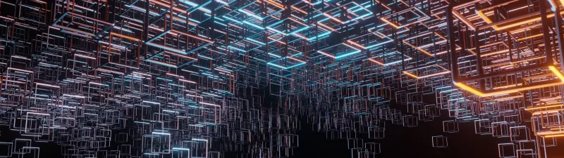 Cubes, Structure, Black background, Neon, Lighting, Hanging, Metal