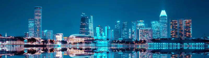 City Skyline, Singapore, Blue hour, Night life, Cityscape, Reflection, Symmetrical, Body of Water, Skyscrapers, Blue Sky, City lights, Modern architecture, 5K