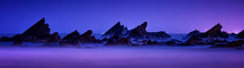 Rocky coast, Seascape, Purple sky, Landscape, Dusk, Long exposure, Scenic, 5K, 8K