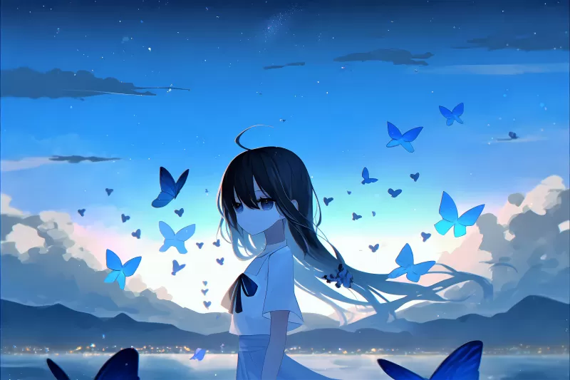 Sad girl, Anime girl, Mood, Butterflies, Surreal, Lonely, Blue background, 5K