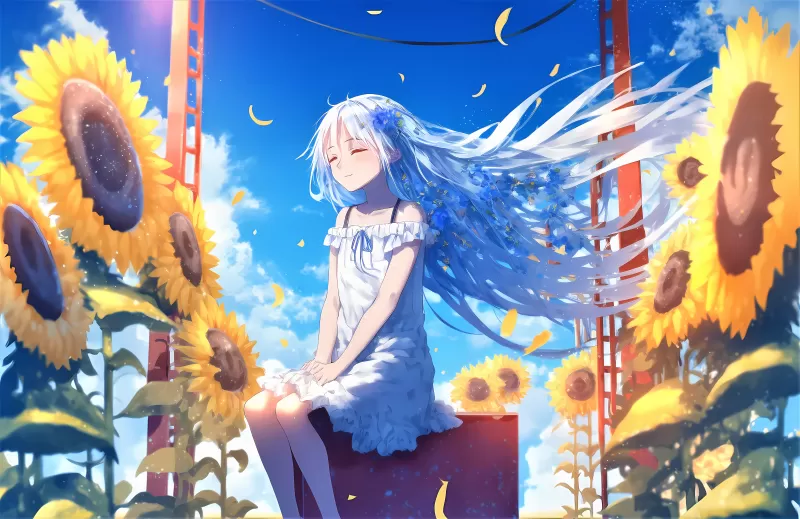 Happy girl, Sunflowers, Anime girl, Sunny day, 5K