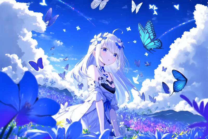 Anime girl, Butterflies, Blue background, Blue Sky, 5K
