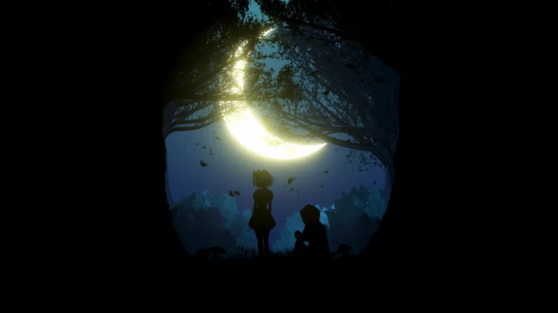 Girl, Boy, Couple, Silhouette, Night, Forest, Crescent Moon, 5K, Black background