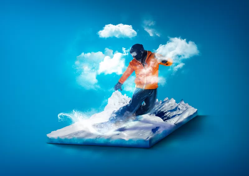 Snowboarding, Surreal wallpaper, Blue background