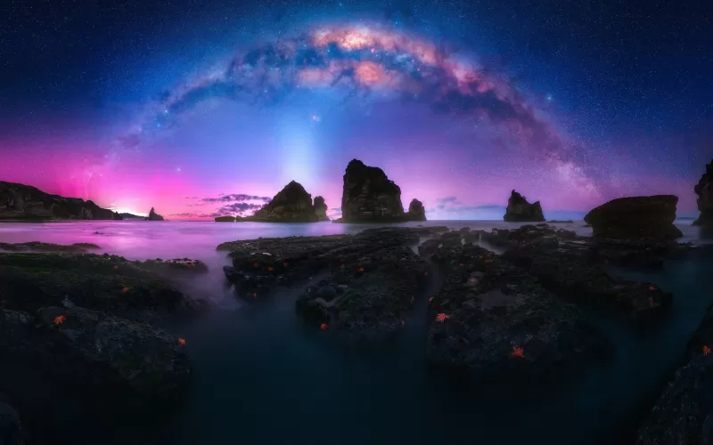Milky Way HD, Colorful Sky, Rocky shore
