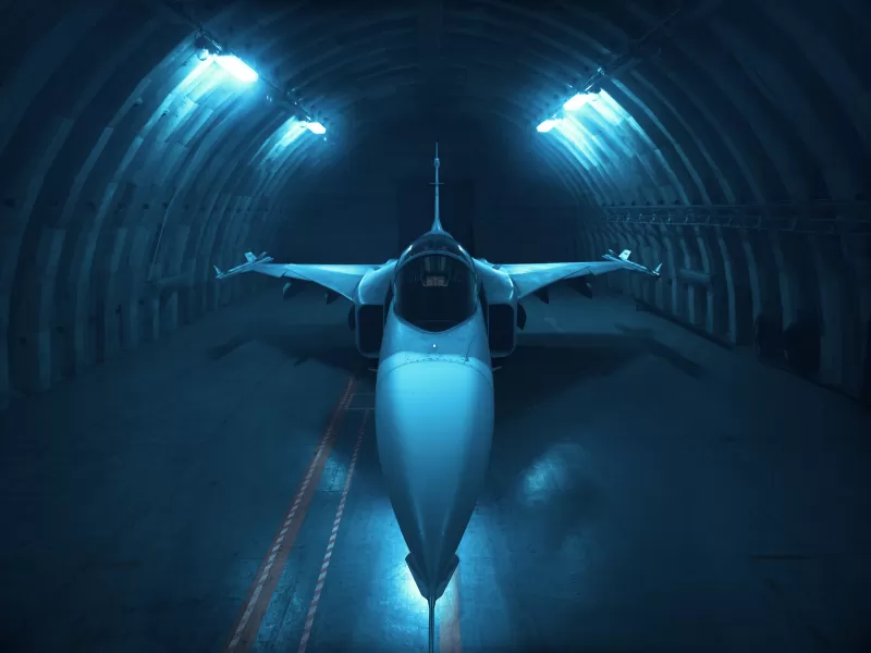Fighter jet in hangar wallpaper, Blue light, Aviation