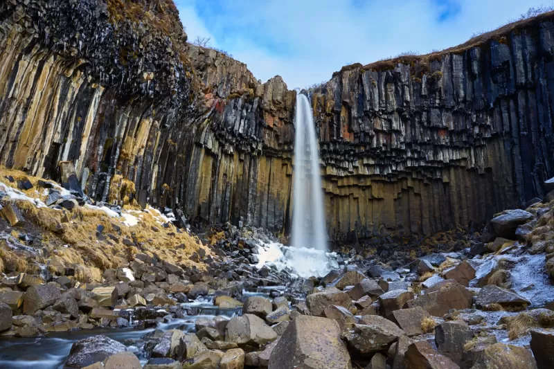 Svartifoss waterfall, Vatnajökull National Park, Lava columns, Rocks, Iceland